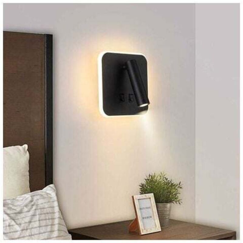 Lampka nocna, lampa ścienna do wnętrz hotelowych, lampka nocna, lampa ścienna do korytarza z włącznikiem, czarna (kwadratowa)