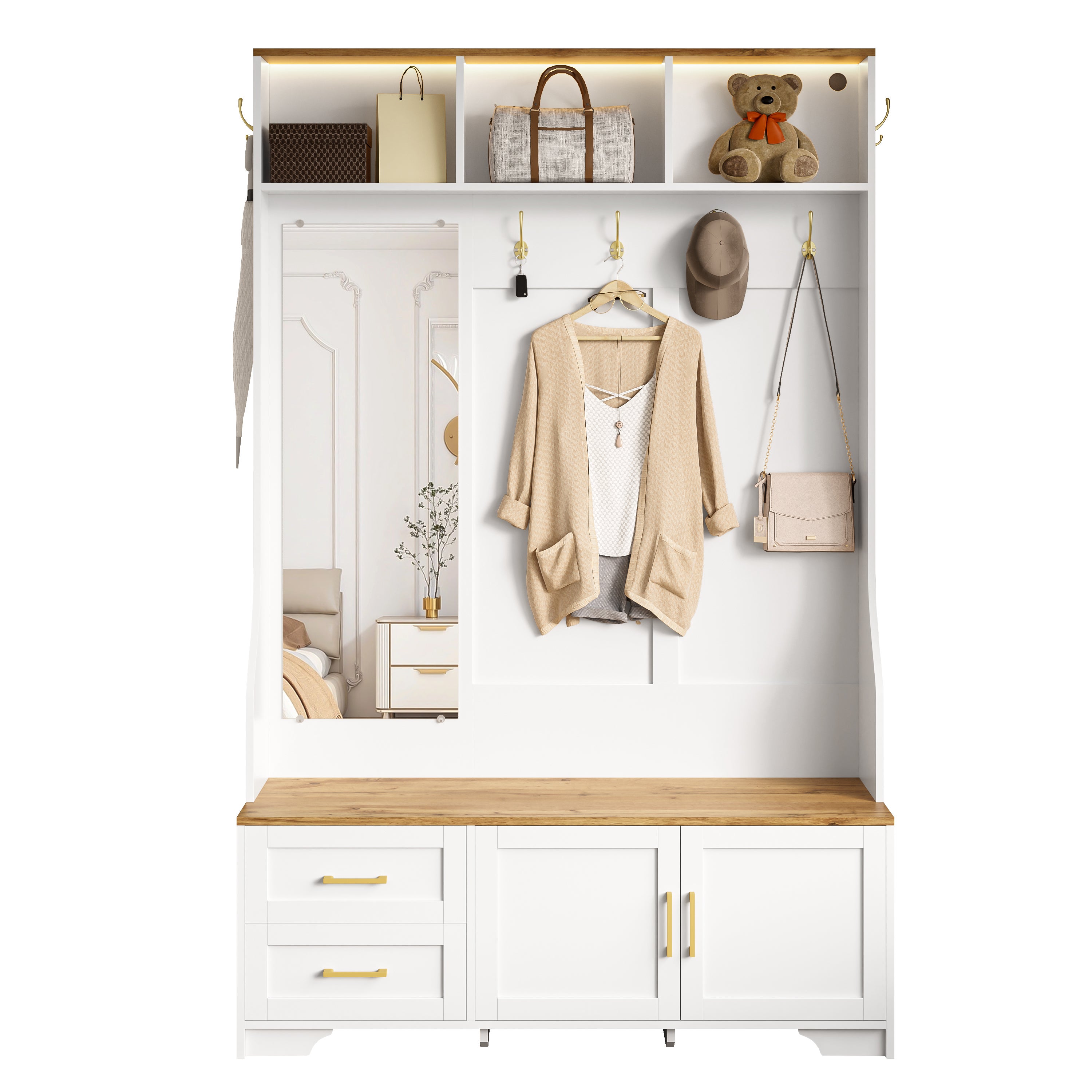 Zestaw szafek na buty z lustrem, ławką na buty, 2 drzwiami, 2 szufladami, 3 przegródkami i wieszakami - 120 x 40 x 187 cm - MDF - Biały