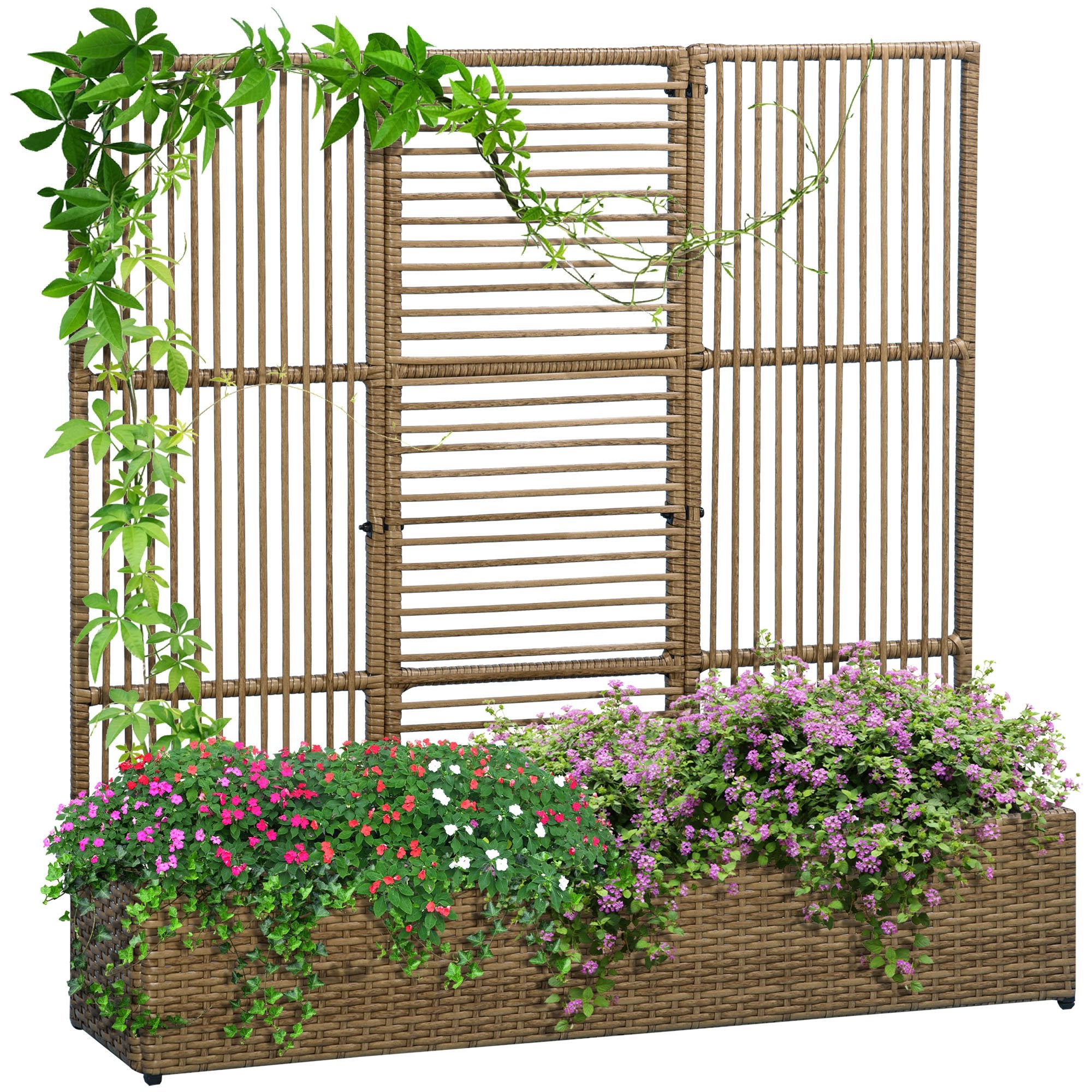 Skrzynka na kwiaty z kratka, weatherproof, poly rattan, 103 x 103 x 29 cm, sand color