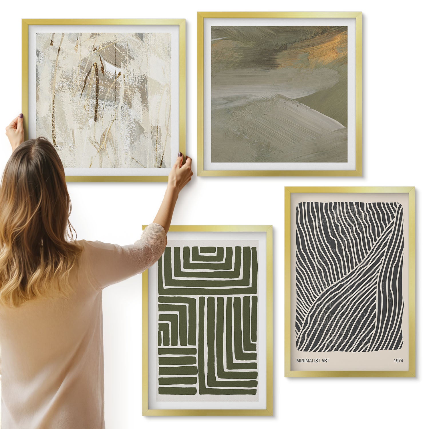 Galeria ścienna 4-częściowy komplet obrazów w złotych ramach - Wzory linii i kształtów w odcieniach zieleni - ArtPrintCave
