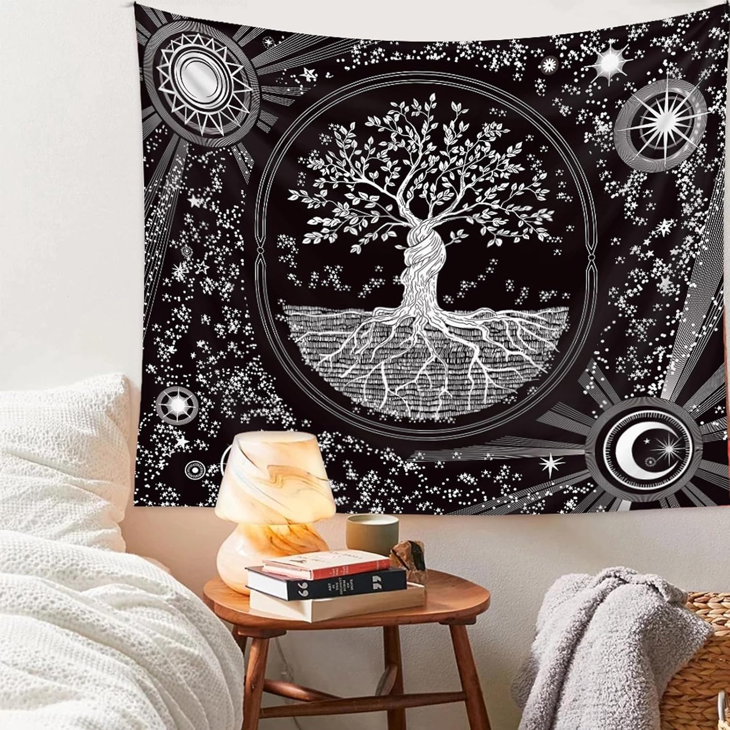 Psychodeliczna gobelinowa dekoracja ścienna w stylu boho: słońce i księżyc – do sypialni, akademika lub miejsca do medytacji, 150 x 130 cm (czarna)