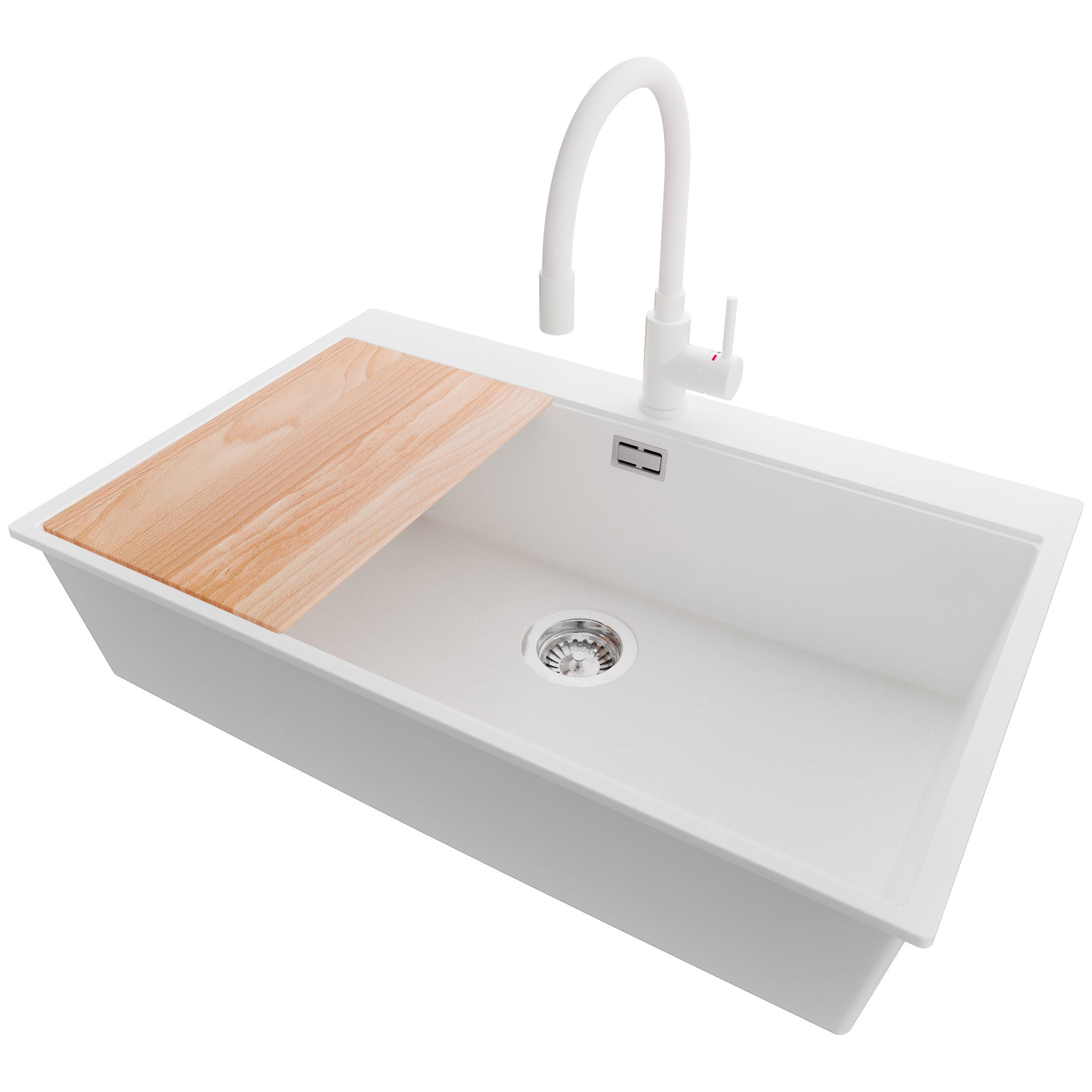 Zlewozmywak Granitowy Biały 78x50cm, Zlew Kuchenny 1 Komorowy + Bateria 38x14cm + Syfon + Deska, Nablatowy do szafki od 80cm - Oslo PRIMAGRAN