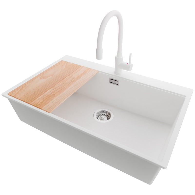 Zlewozmywak Granitowy Biały 78x50cm, Zlew Kuchenny 1 Komorowy + Bateria 38x14cm + Syfon + Deska, Nablatowy do szafki od 80cm - Oslo PRIMAGRAN