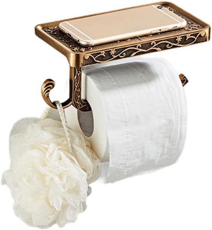 Uchwyt na papier toaletowy w stylu vintage, ścienny, z półką i haczykiem, uchwyt na papier toaletowy do łazienki, złoty