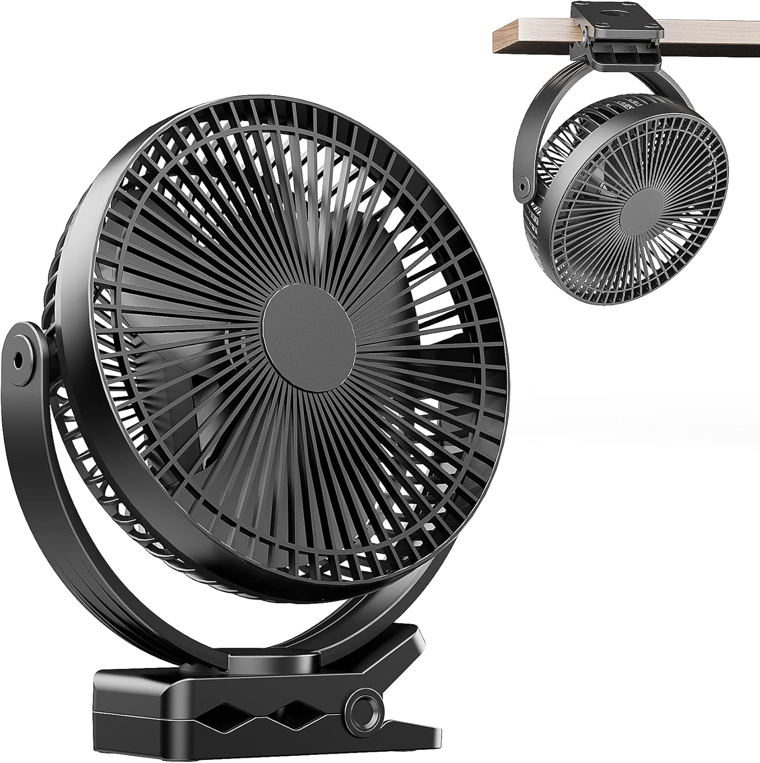 Wentylator biurkowy USB, przenośny wentylator z akumulatorem, 20 cm wentylator z klipsem, wydajny, 4 prędkości, obrót o 360°, podwójny interfejs USB