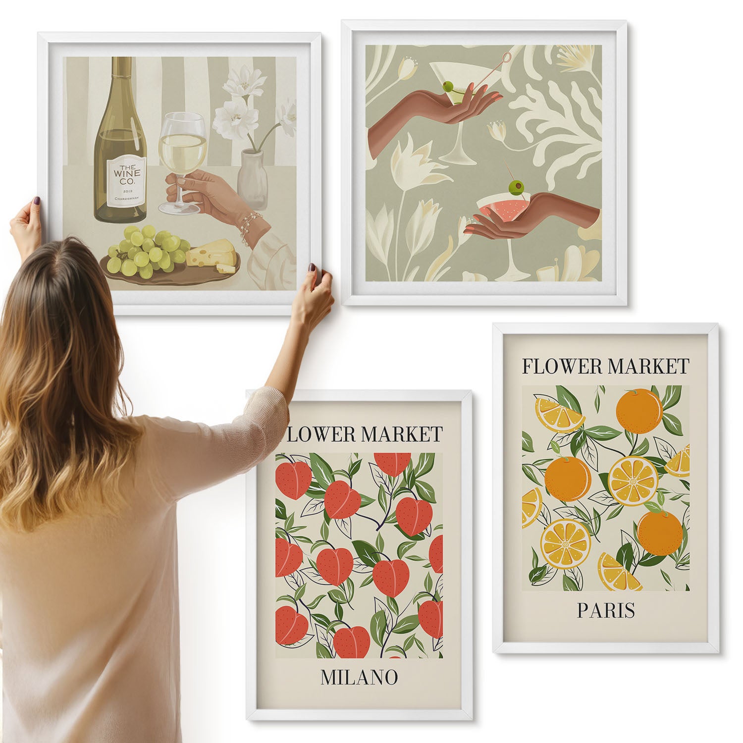 Galeria ścienna 4-częściowy komplet obrazów w białych ramach - Kwiatowe postery i wino Mediolan Paryż - ArtPrintCave