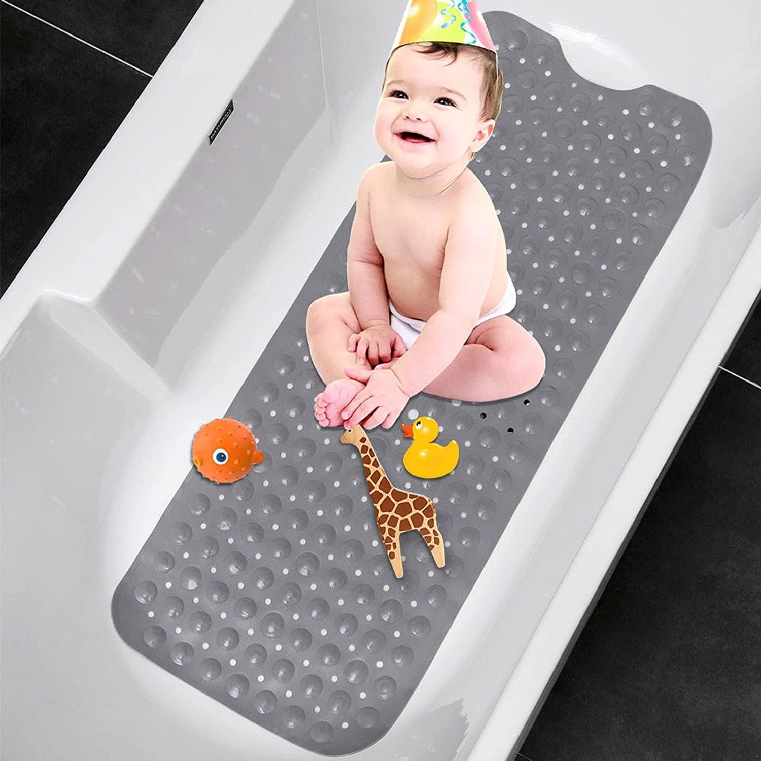 Mata do wanny antypoślizgowa, 100 x 40 cm, bardzo długa, można prać w pralce, mata antypoślizgowa z przyssawkami z materiału PVC (szara)