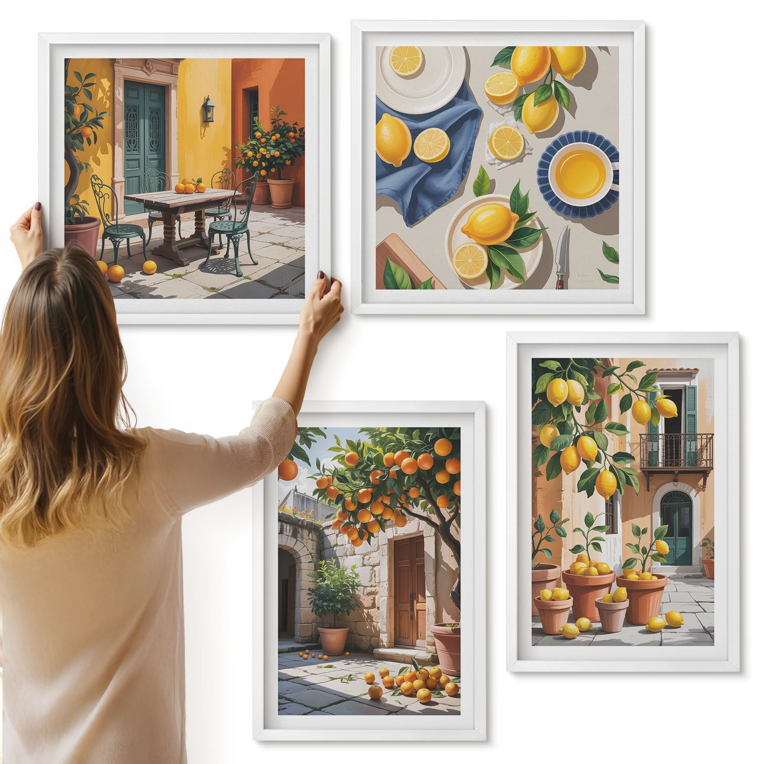 Galeria ścienna 4-częściowy komplet obrazów w białych ramach - Owoce cytrusowe w słonecznej scenerii ogrodowej - ArtPrintCave