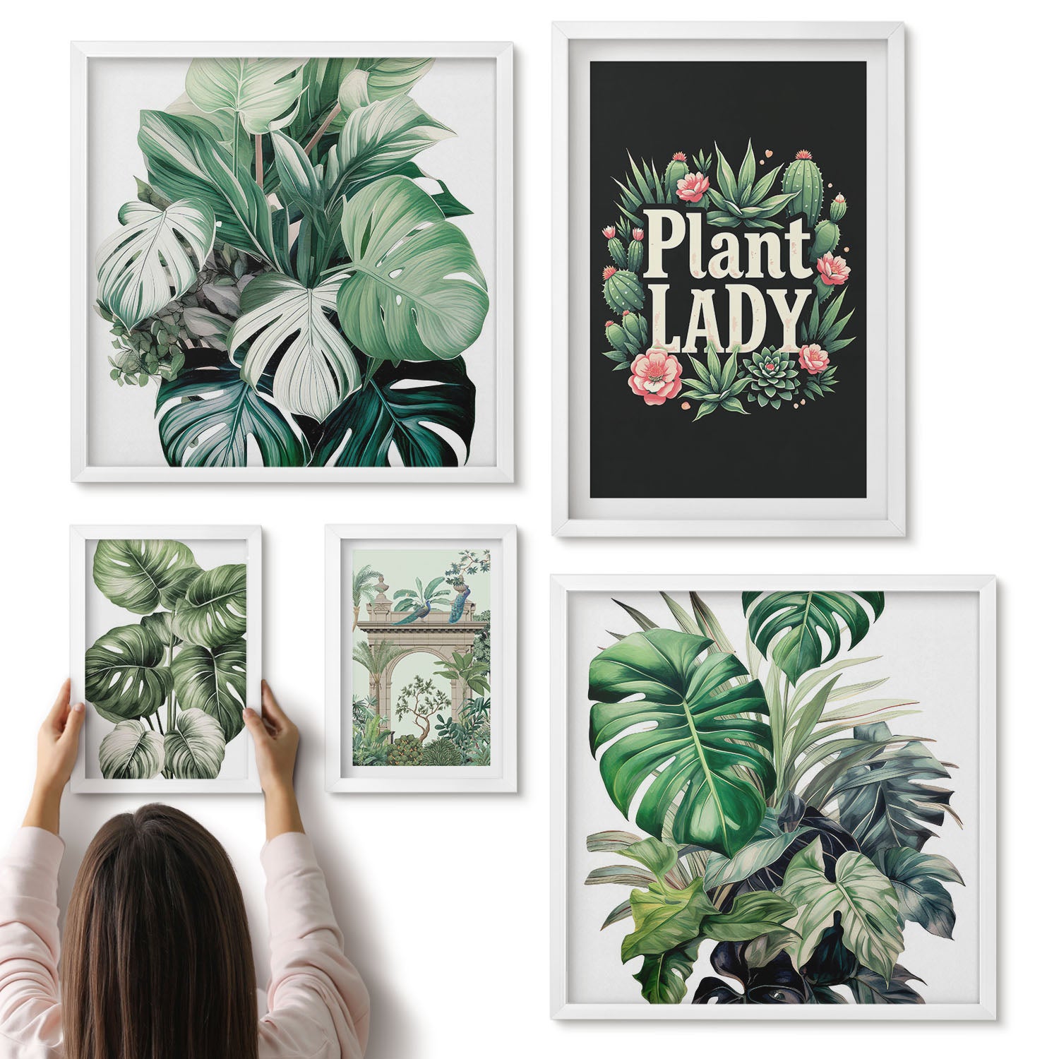 Galeria ścienna 5-częściowy komplet obrazów w białych ramach - Roślinne akcenty w stylu boho dla miłośników zieleni - ArtPrintCave