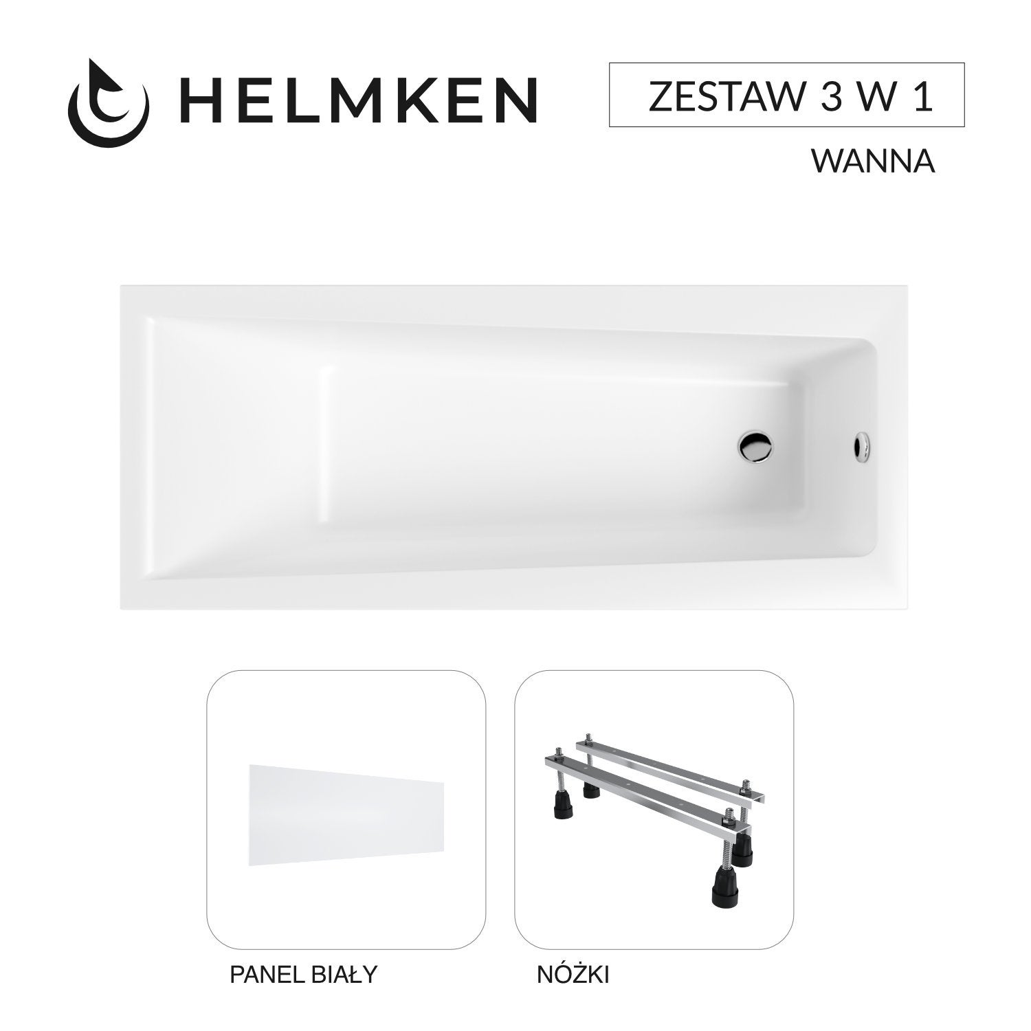 Wanna akrylowa Helmken Versailles 150x75 z akrylu lanego ze wzmocnionym korpusem + Panel biały + Nóżki / 35070050