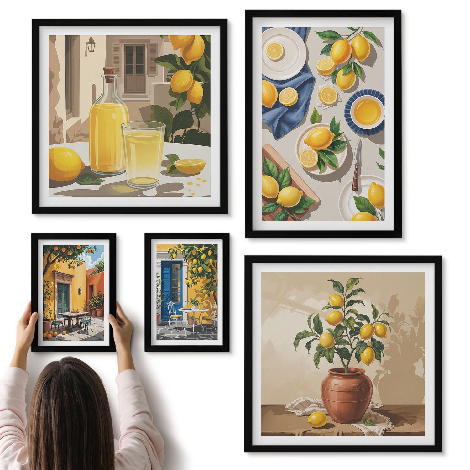 Galeria ścienna 5-częściowy komplet obrazów w czarnych ramach - Cytrynowe inspiracje w stylu śródziemnomorskim - ArtPrintCave