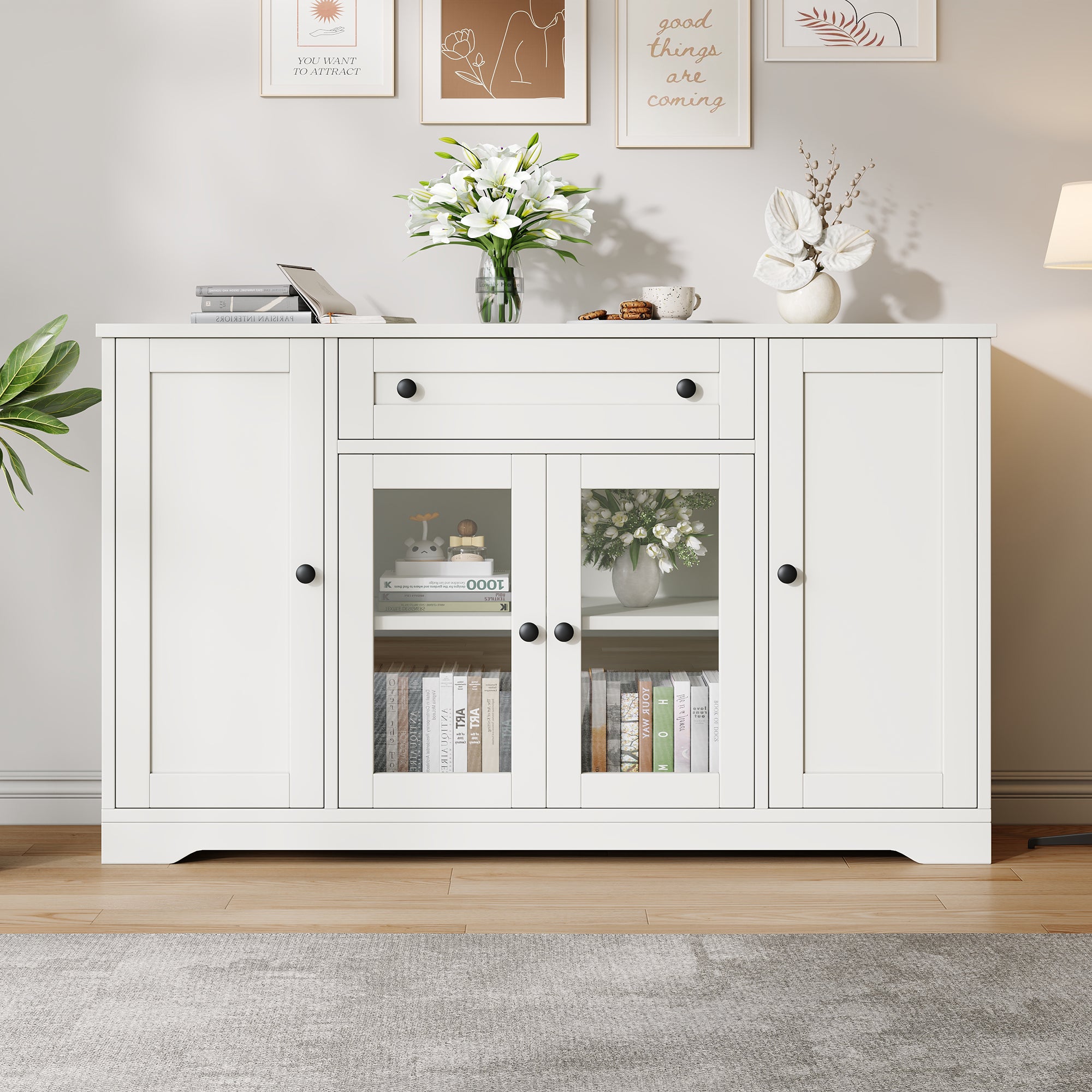 Nowoczesna komoda 138x40x83 cm - 4 drzwi i 1 szuflada - 6 przegródek - Regulowane półki - Biała