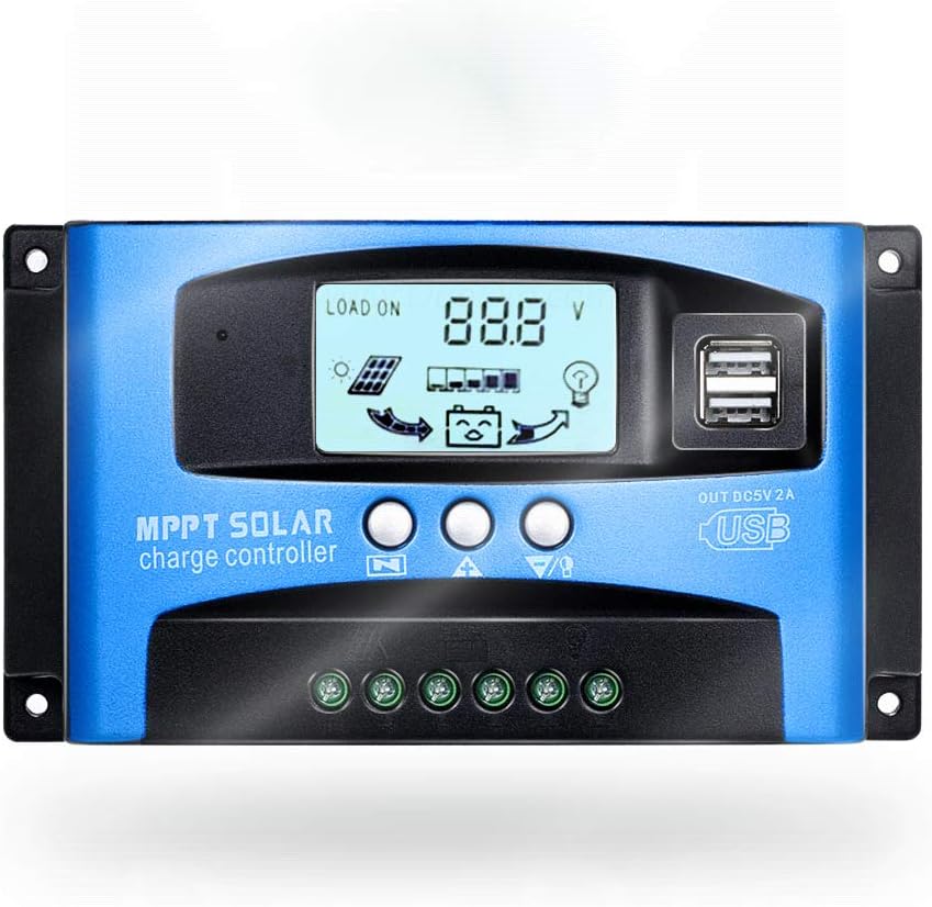Regulator ładowania słonecznego 60A do automatycznych paneli słonecznych i akumulatorów 12V/24V z wyświetlaczem LCD i dwoma portami USB 5V.