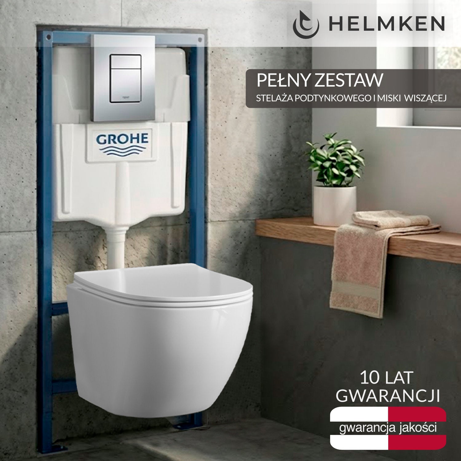 Zestaw podtynkowy WC 4w1: Stelaż Grohe, Chrom Przycisk 38772001, Miska bezkołnierzowa Helmken 35103001 (Biała), Deska wolnoopadająca duroplast