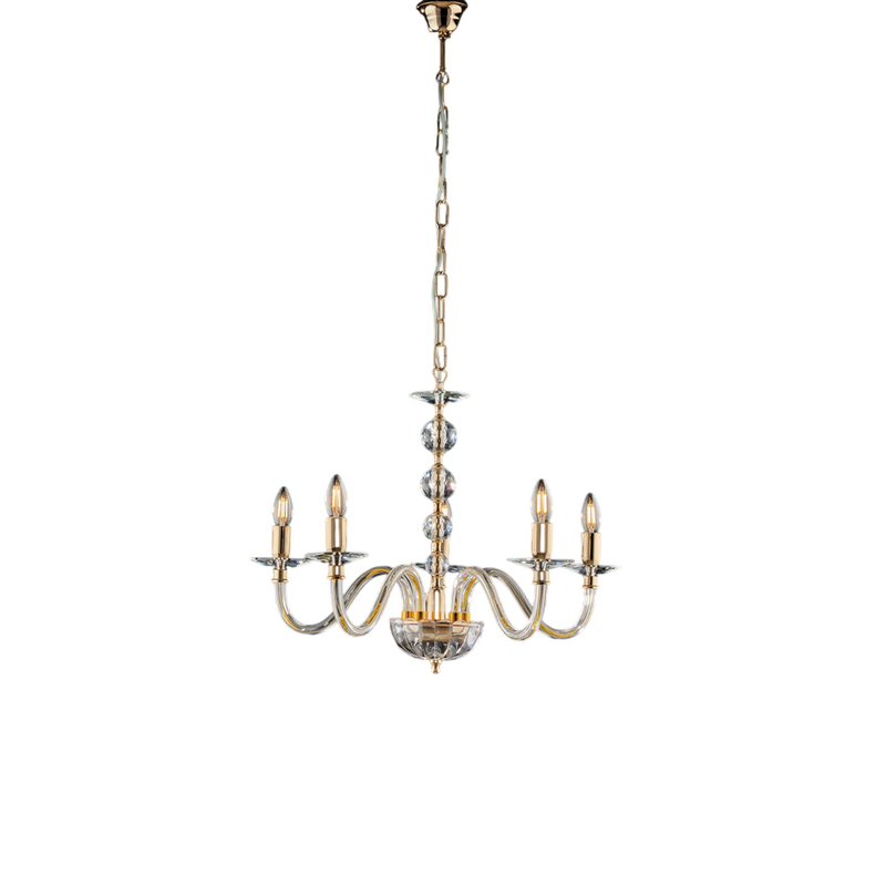 Lampadario in oro con vetro trasparente e strass 5 luci H.51 - MAX 111 - Ø60
