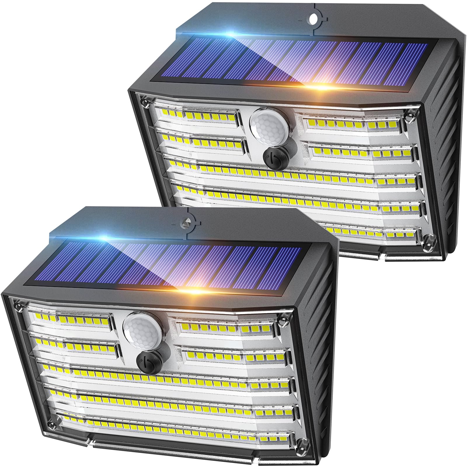 Zestaw 2 lamp solarnych LED na zewnątrz, 126 LED, lampy bezprzewodowe z czujnikiem ruchu, wodoodporne IP65, 3 tryby, kąt oświetlenia 270 °