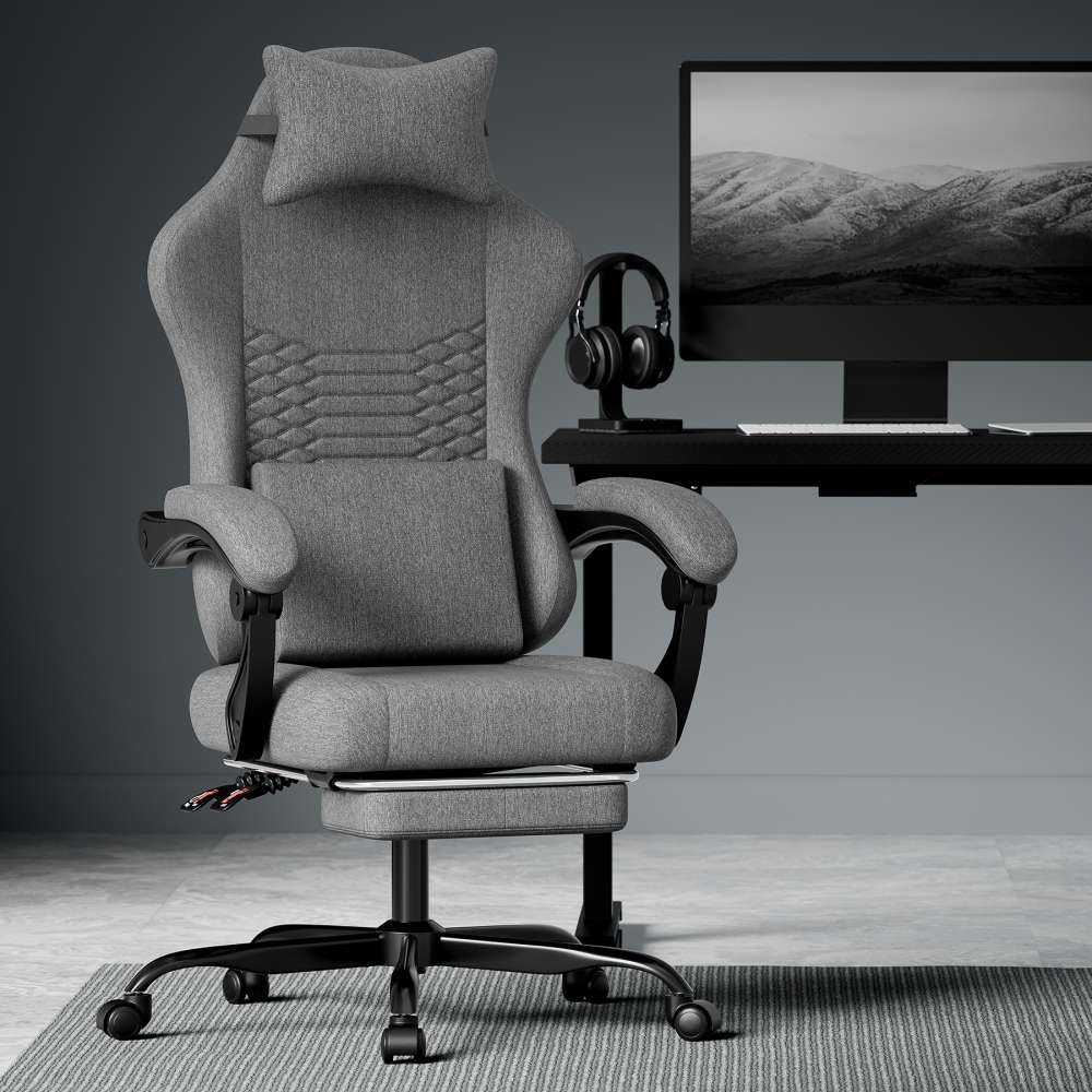 Fotel gamingowy tkaninowy biurowy ergonomiczny z masażem, podnóżkiem, regulacją 90/105/135°, zagłówkiem i podłokietnikami synch