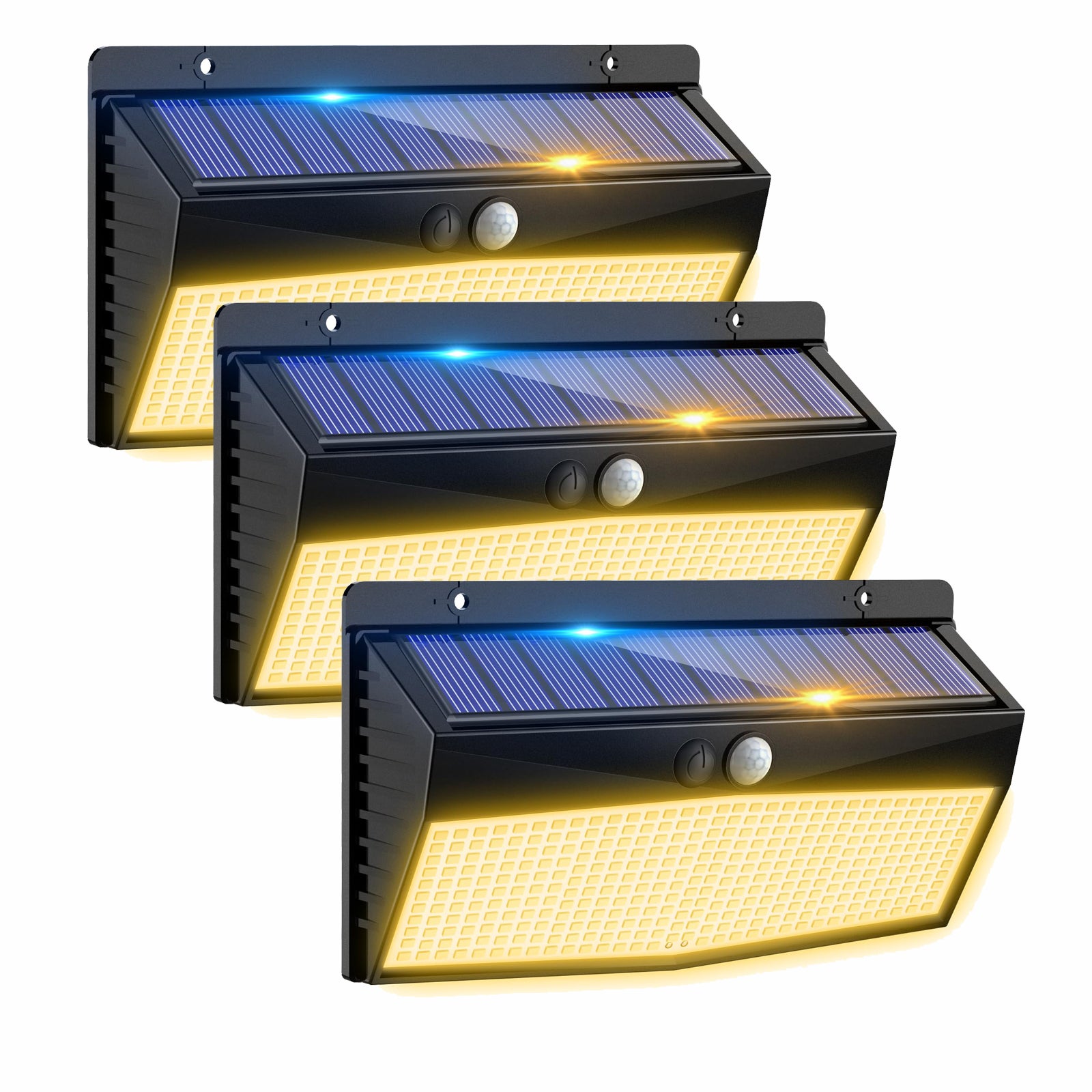 Zestaw 3 lamp solarnych w ciepłym białym kolorze - 368 LED, czujnik ruchu, 3 tryby, wodoodporność IP65 do ogrodu i podwórka.