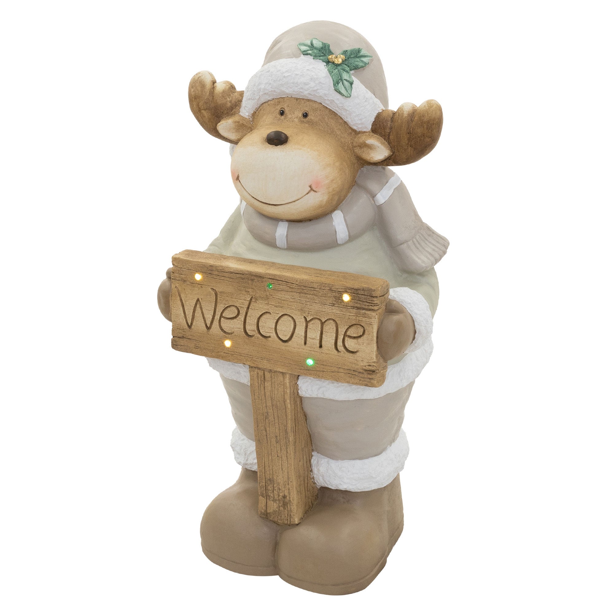 ECD Germany Figurka Renifer renifer LED 76 cm, dekoracyjna swiateczna ozdobny los z czapka, szalikiem i tabliczka welcome, na baterie do wnetrz salonu