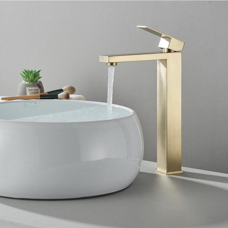 Wysoka bateria umywalkowa złota – Wylewka 252 mm + kwadratowa dźwignia – Stal nierdzewna – Do modnej umywalki