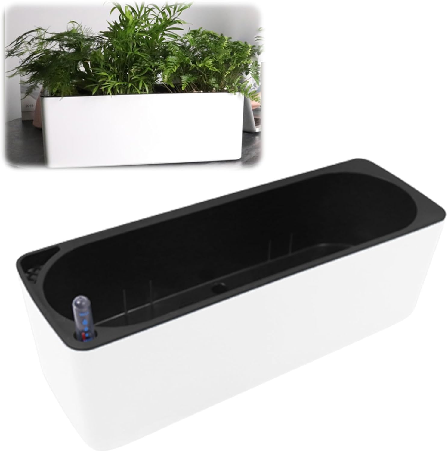 40 x 13 cm - Biała prostokątna plastikowa doniczka ze wskaźnikiem poziomu wody - Samonawadniająca - Zbiornik na wodę - Doniczka ogrodowa - Doniczka