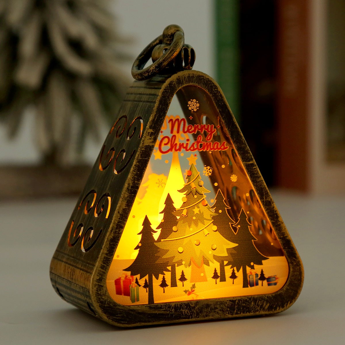 Dekoracje świąteczne, lampki nocne w stylu vintage, ozdoby na biurko - brąz - motyw choinki - zestaw 2 sztuk.