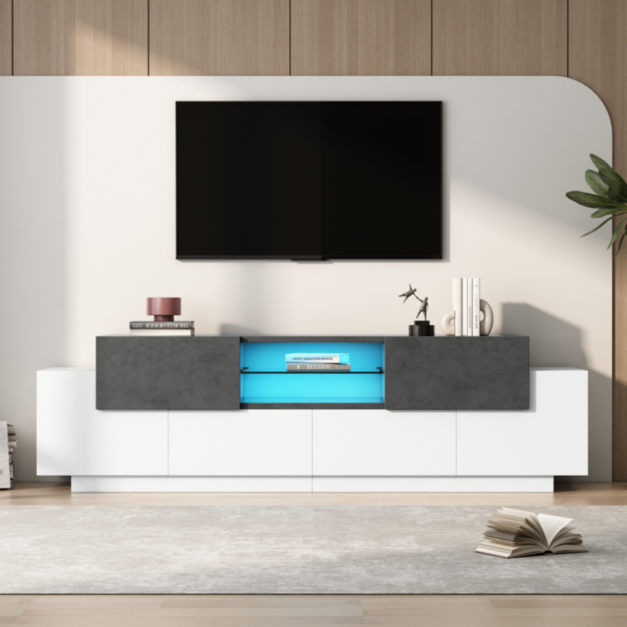 Szafka TV z oświetleniem LED, cztery drzwi i dwie szuflady, 180×40×45 cm (szer. × gł. × wys.), biały + szary.