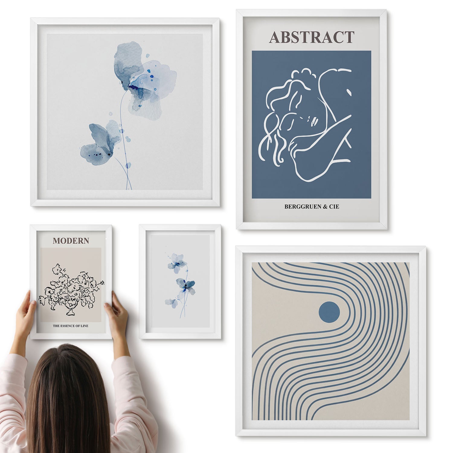 Galeria ścienna 5-częściowy komplet obrazów w białych ramach - Styl nowoczesny abstrakcyjny z delikatnymi akcentami florystycznymi - ArtPrintCave