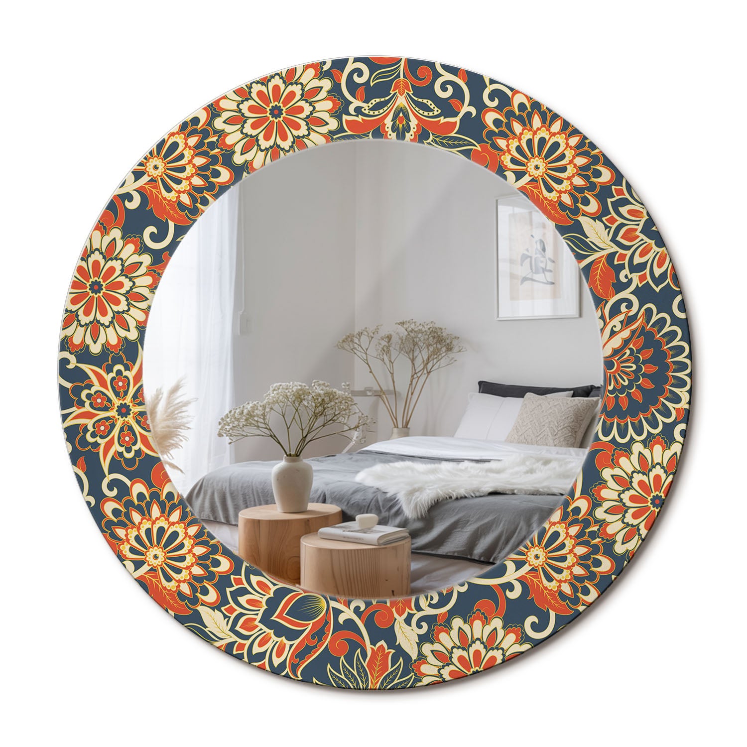 Designerskie lustro z nadrukiem, hartowane szkło, styl współczesny Retro kwiaty - 50 cm - ArtPrintCave