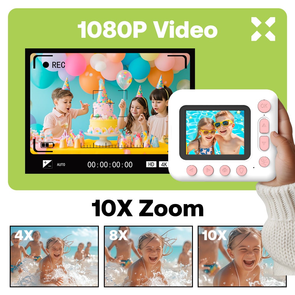 Aparat natychmiastowy dla dzieci 1080P z 10-krotnym zoomem, papierem termicznym i kartą TF 32 GB