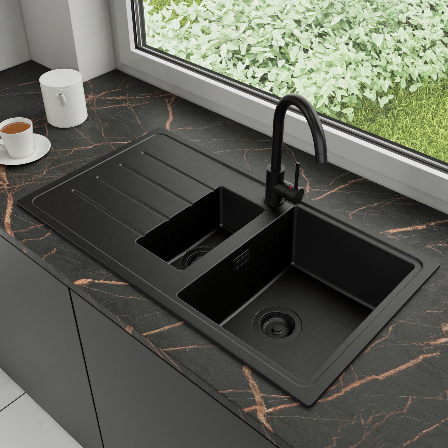 Zlewozmywak Granitowy 90x50cm, do szafki od 60cm + Bateria + Syfon - Ametyst Cały Czarny STONESTYLE