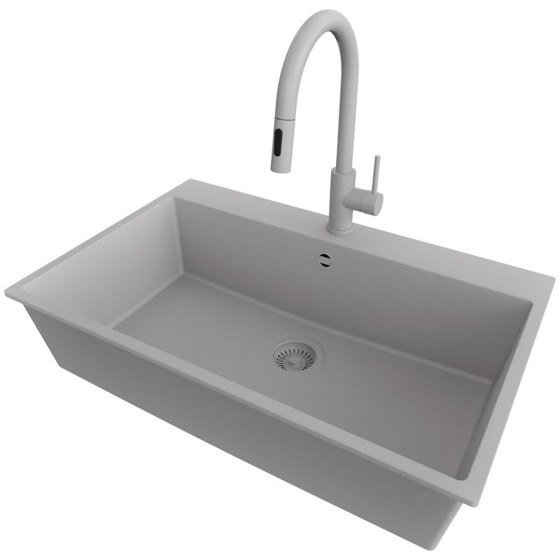 Zlewozmywak Granitowy Szary 78x50cm, Zlew Kuchenny 1 Komorowy + Bateria 40x20cm + Syfon, Nablatowy do szafki od 80cm - Ryga PRIMAGRAN