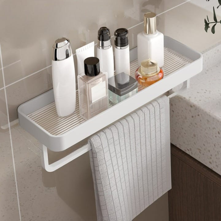 Biała aluminiowa półka ścienna - z wieszakiem na ręczniki - Praktyczne przechowywanie i nowoczesny design - 40×11,5×3 cm