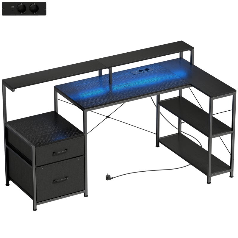 Biurko 165 x 80 x 91,5 cm, z oświetleniem LED, z regulowanymi półkami, czarny, drewno, do biura domowego