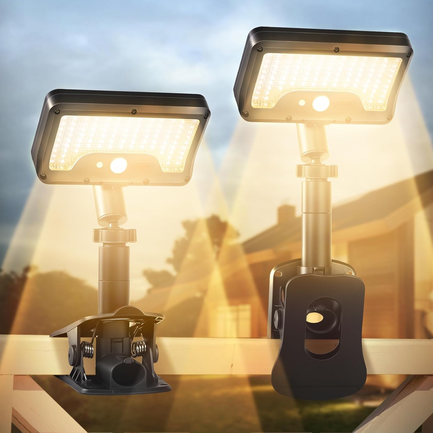 Zewnętrzna lampa solarna z klipsem i czujnikiem ruchu, odpowiednia na tarasy, kempingi i inne miejsca (zestaw 2 sztuk, ciepłe światło)