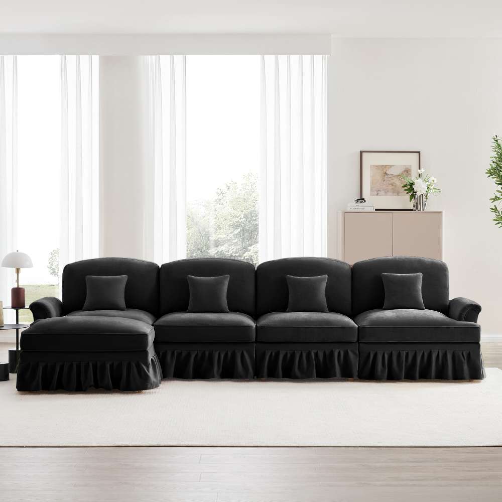 Modułowa sofa welurowa w kształcie litery L, 4-osobowa, z wyjmowanym siedziskiem i ruchomym podnóżkiem, wygodna do salonu
