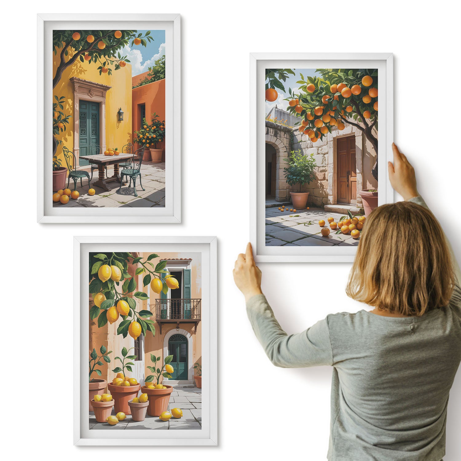 Galeria ścienna 3-częściowy komplet obrazów w białych ramach - Owoce cytrusowe w słonecznej scenerii ogrodowej - ArtPrintCave