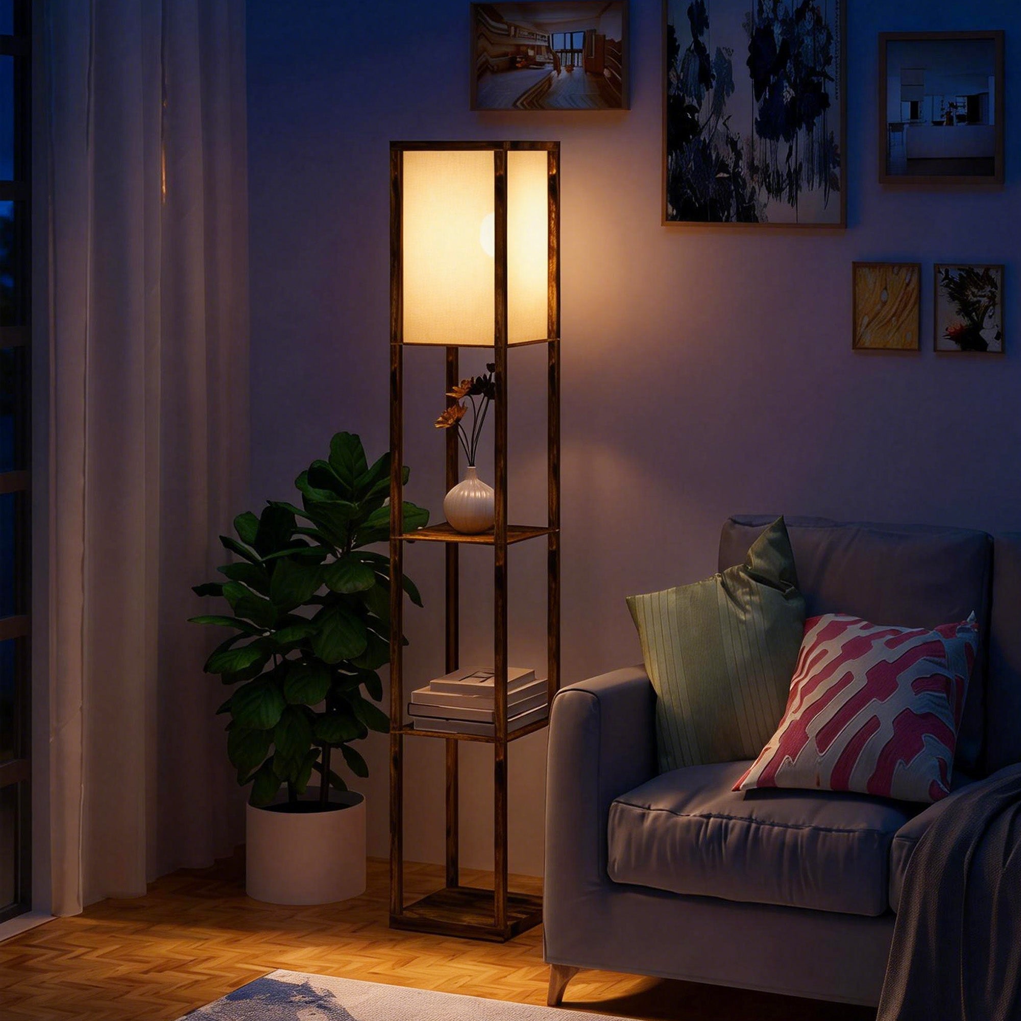 Lampa podłogowa z 3 wbudowanymi półkami, gniazdo E27, moc 40 W, 26 x 26 x 160 cm, kolor drewna