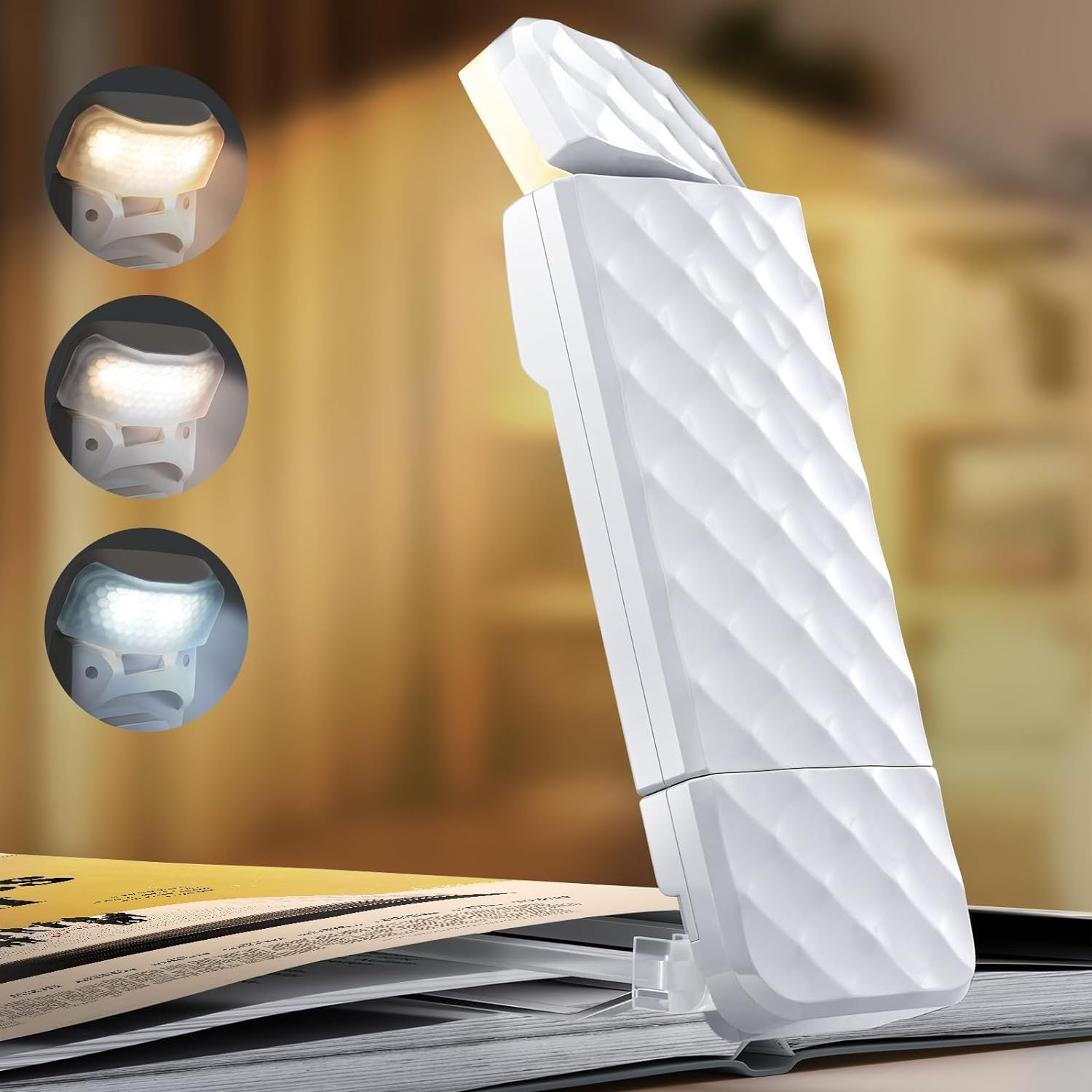 Biała lampka do czytania, ładowalna przez USB, z 3 trybami kolorów (ciepłym, naturalnym i jasnym), 5 poziomami jasności do czytania w łóżku.