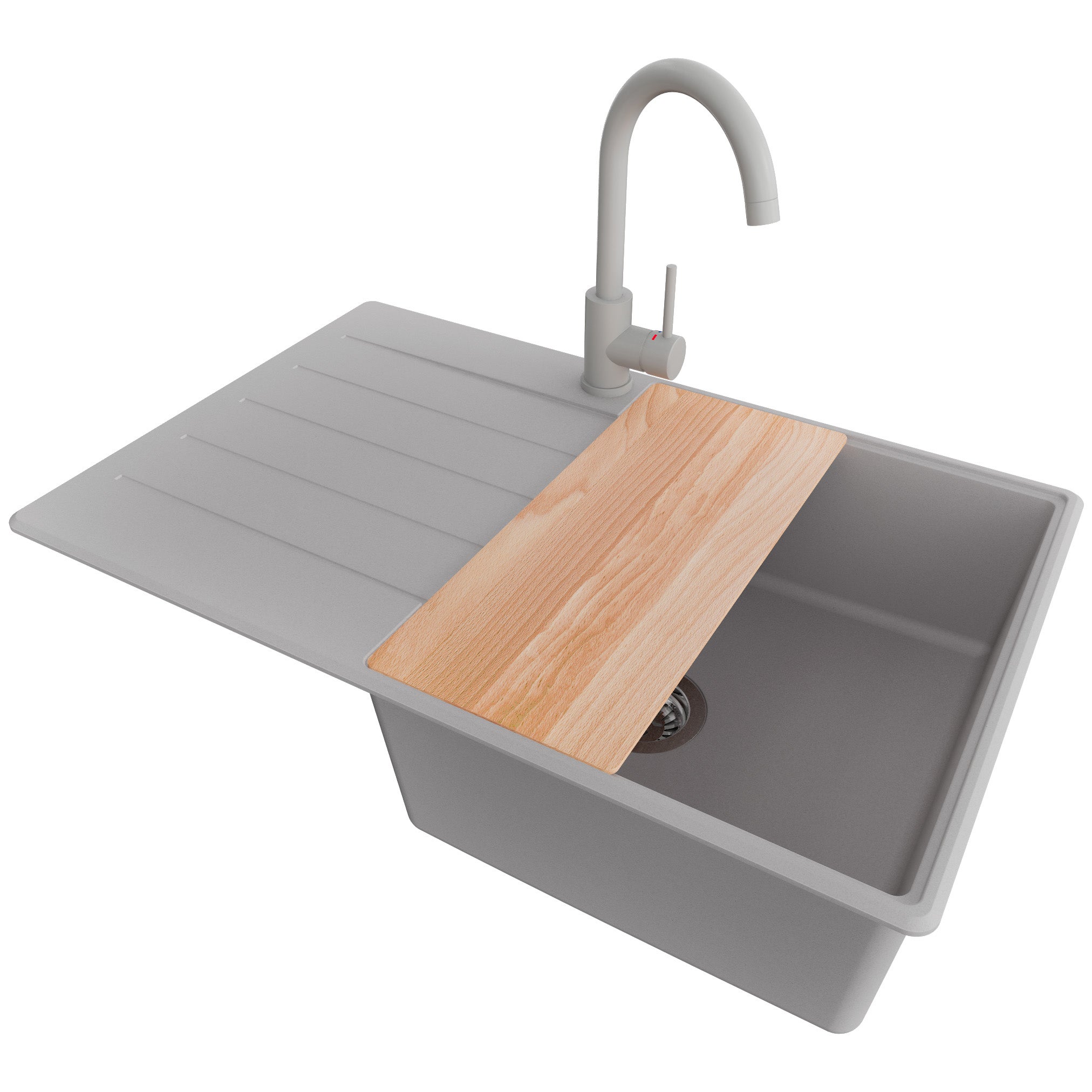 Zlewozmywak Granitowy Szary 78x50cm, Zlew Kuchenny 1 Komorowy + Bateria 32x20cm + Syfon + Deska, Nablatowy do szafki od 50cm - Kopenhaga PRIMAGRAN