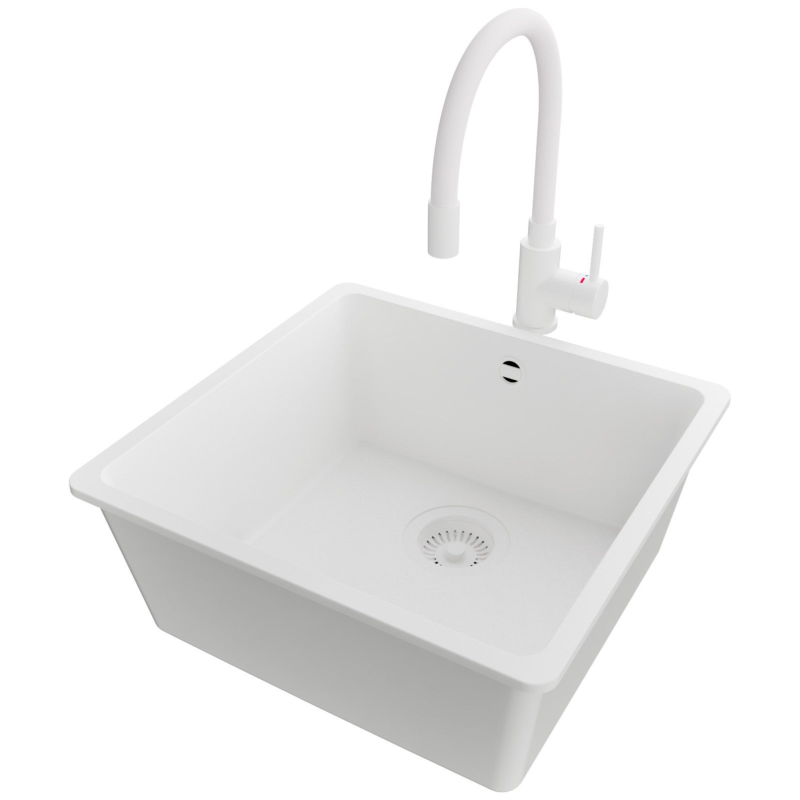 Zlewozmywak podblatowy Cały Biały 46x44cm, Zlew Kuchenny 1 Komorowy + Bateria 38x14cm + Syfon, do szafki od 50cm - Wenecja Easy PRIMAGRAN