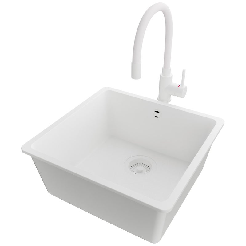 Zlewozmywak podblatowy Cały Biały 46x44cm, Zlew Kuchenny 1 Komorowy + Bateria 38x14cm + Syfon, do szafki od 50cm - Wenecja Easy PRIMAGRAN