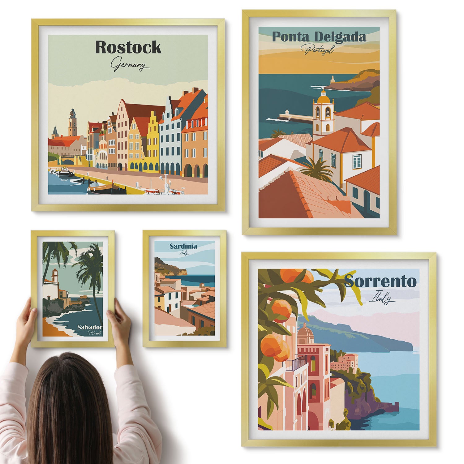 Galeria ścienna 5-częściowy komplet obrazów w złotych ramach - Europejskie miasta widoki na malownicze krajobrazy - ArtPrintCave