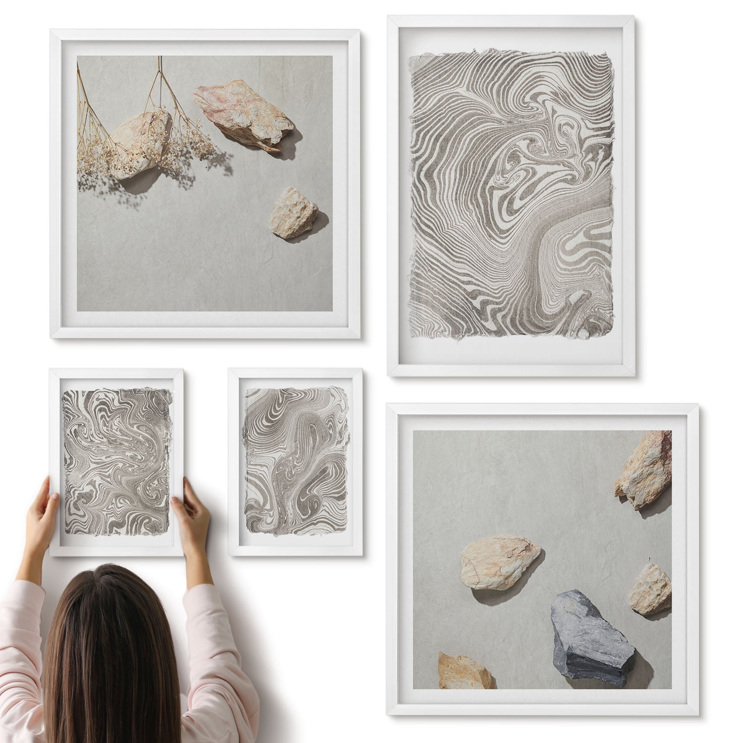 Galeria ścienna 5-częściowy komplet obrazów w białych ramach - Nowoczesne kształty malarstwo abstrakcyjne - ArtPrintCave