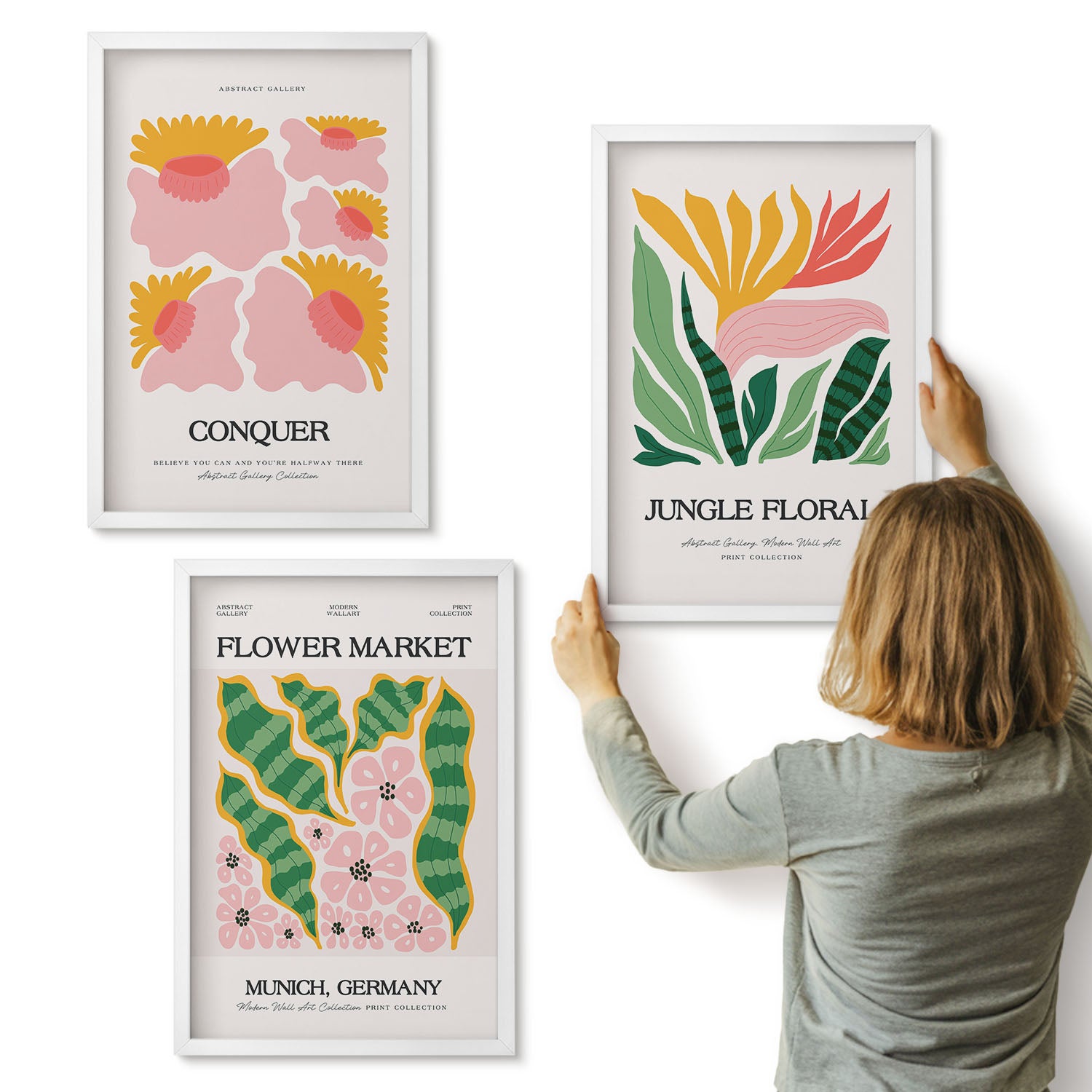 Galeria ścienna 3-częściowy komplet obrazów w białych ramach - Kwiaty i liście w stylu nowoczesnym postery - ArtPrintCave