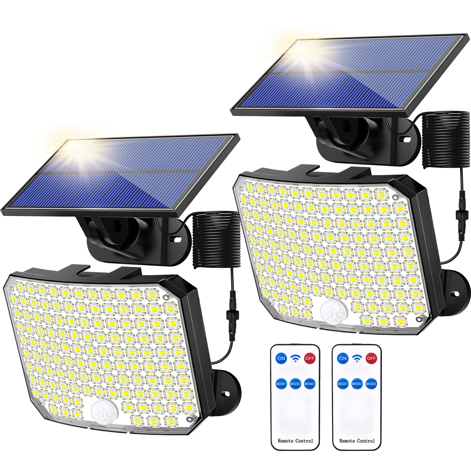 Zestaw 2 solarów ogrodowych z 180 LED, czujnik ruchu i pilot zdalnego sterowania, wodoodporne reflektory IP65