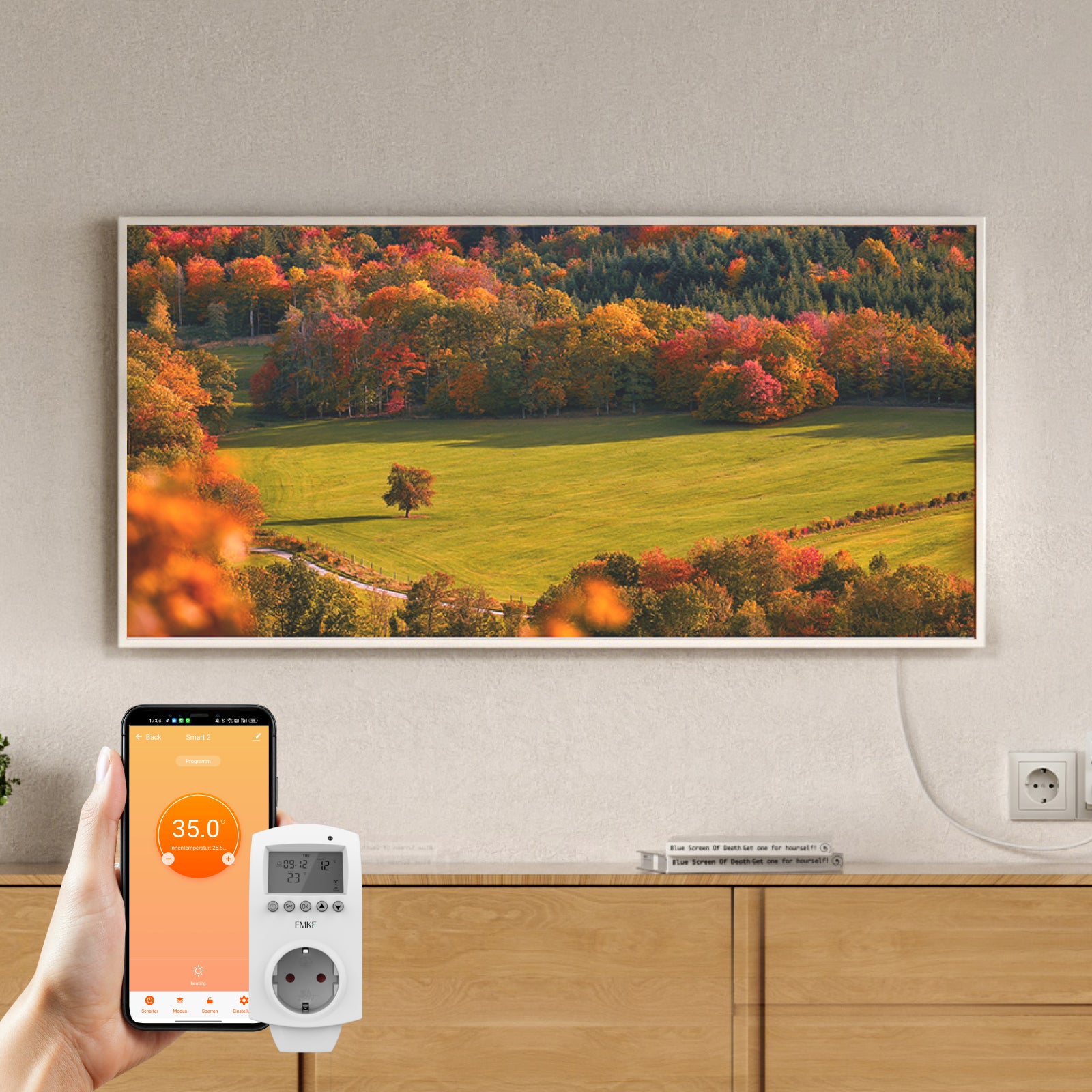 EMKE Grzejnik na podczerwień z grafiką 1200 W, programowalny termostat Wi-Fi, 119,5 x 59,5 cm, biała aluminiowa rama