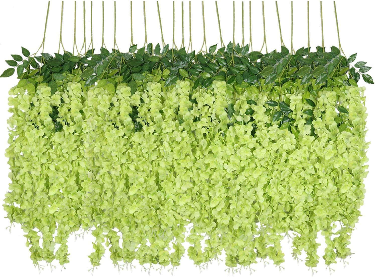 Sztuczne kwiaty, 24 sztuki sztucznej glicynii, wiszące kwiaty z jedwabiu, dekoracja na przyjęcie (24 sztuki, 110 cm / każdy pęd, zielone)