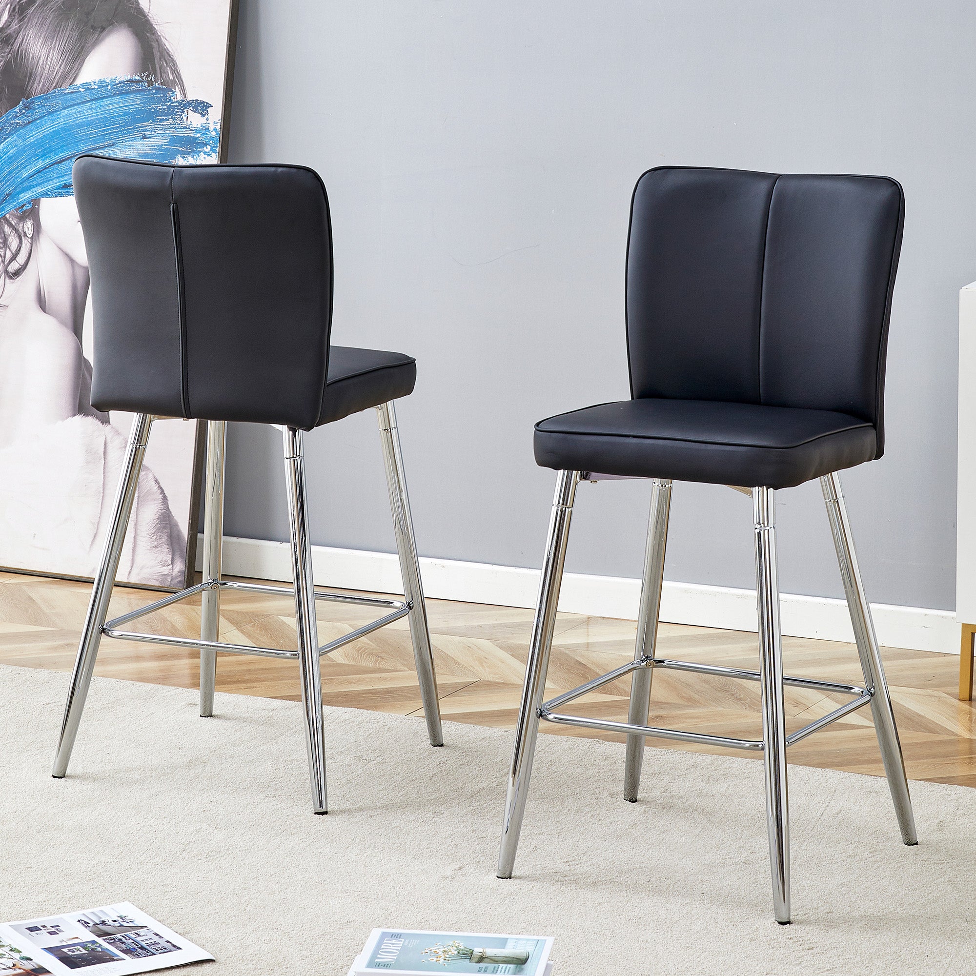 Krzesło barowe z czarnego materiału PU o wysokości 101 cm Zestaw dwuczęściowy: ergonomiczne oparcie, wygodne i stylowe, Krzesło kuchenne