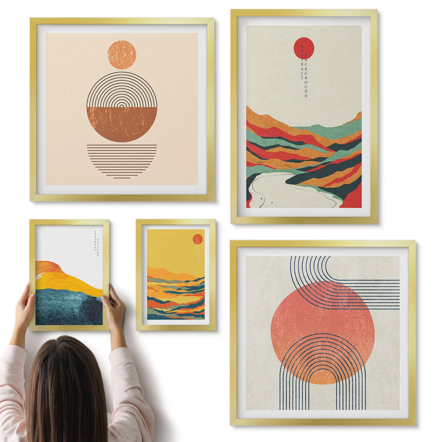 Galeria ścienna 5-częściowy komplet obrazów w złotych ramach - Abstrakcyjne pejzaże z geometrycznymi kształtami i kolorami - ArtPrintCave